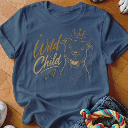 Blue t-shirt with "Wild Child" text and outline of a dog wearing a crown.