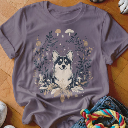T-shirt graphic of a corgi surrounded by whimsical floral and mushroom details.