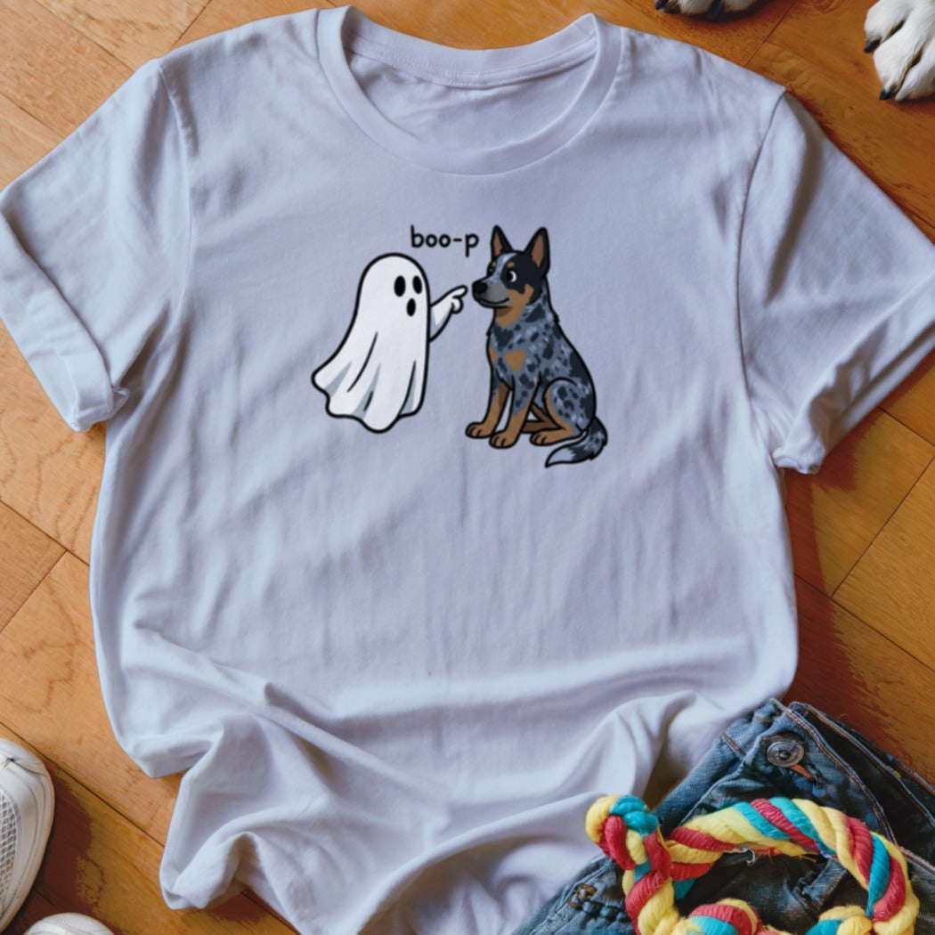 White t-shirt with a ghost character saying "boo-p" to a dog.