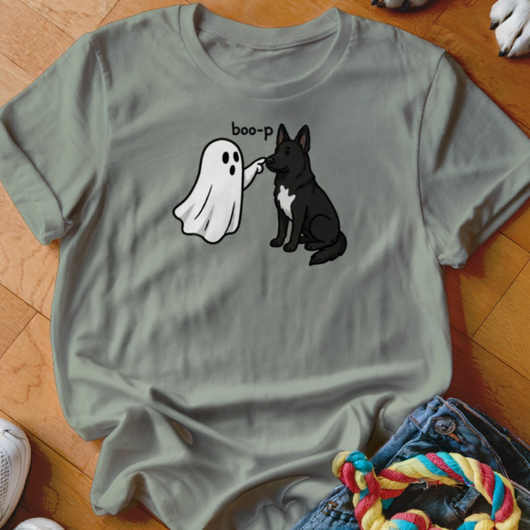 A ghost booping a German Shepherd with the text "boo-p" above.