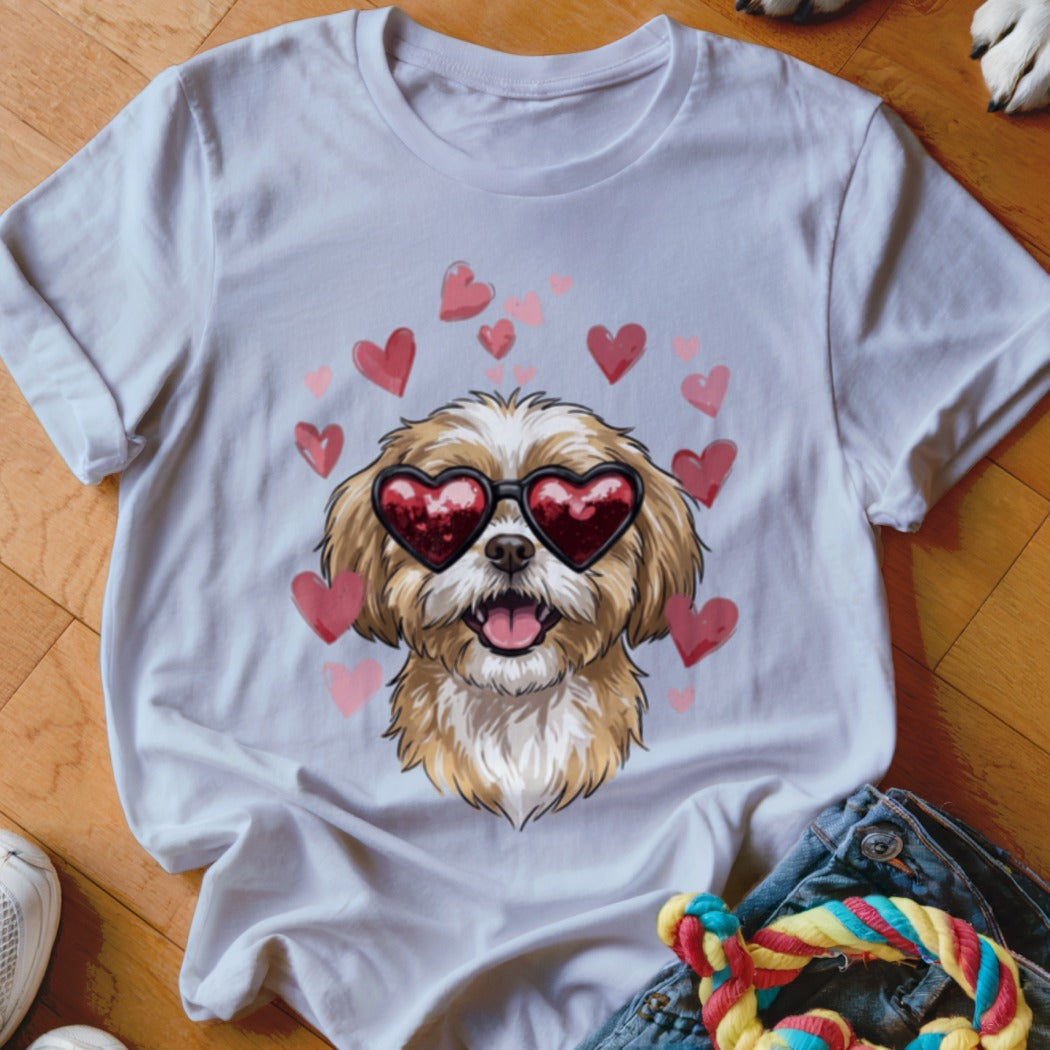 A white t-shirt featuring a cartoon dog wearing heart-shaped sunglasses surrounded by floating pink hearts.