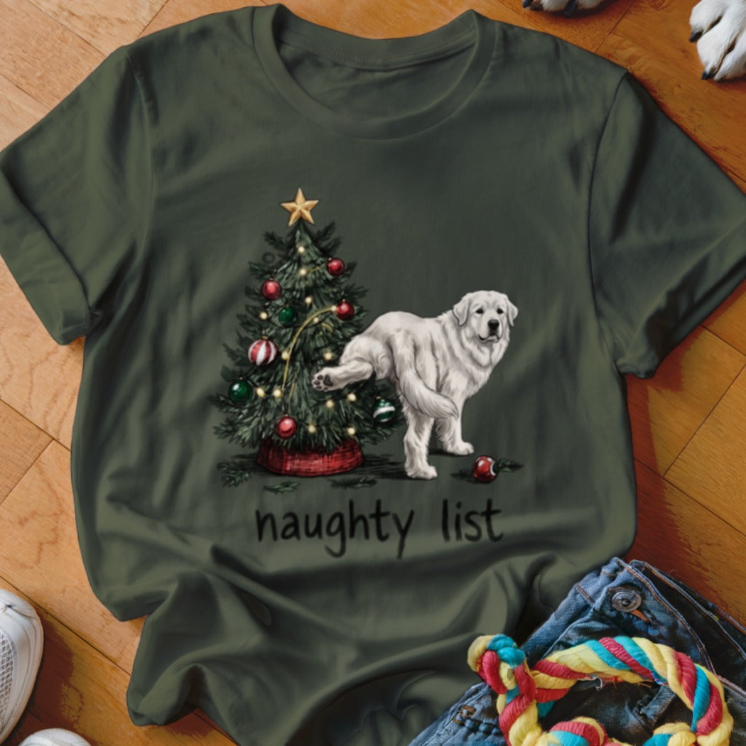 White dog peeing on Christmas tree with text "naughty list."