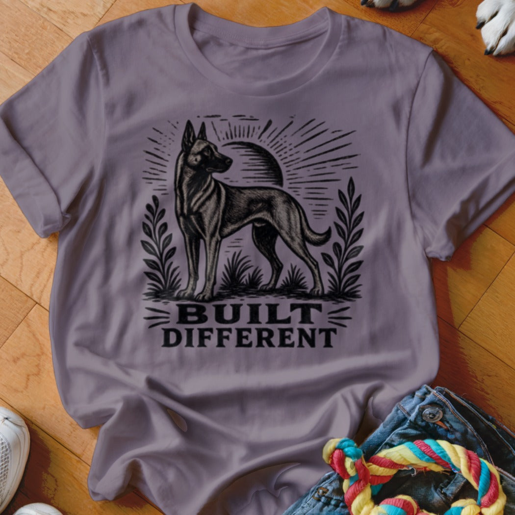 T-shirt with black dog illustration and "BUILT DIFFERENT" text.