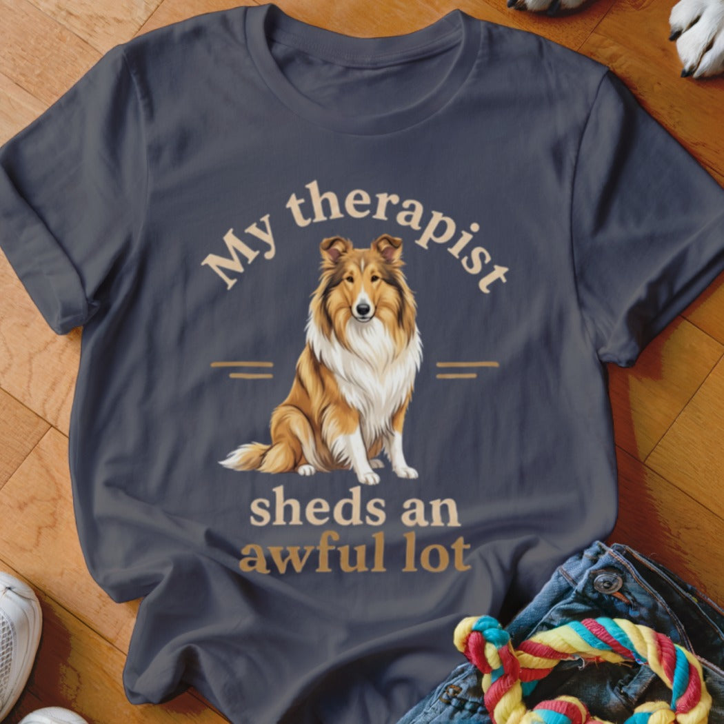 Dark blue t-shirt with a Rough Collie and text "My therapist sheds an awful lot."