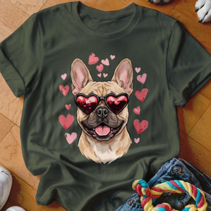 Dark green t-shirt featuring an illustration of a French bulldog wearing heart-shaped sunglasses, surrounded by pink hearts.