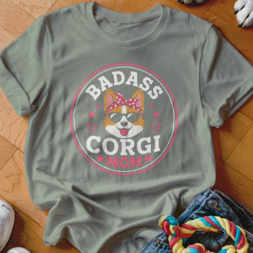 T-shirt graphic with text "Badass Corgi Mom" and a cartoon corgi.
