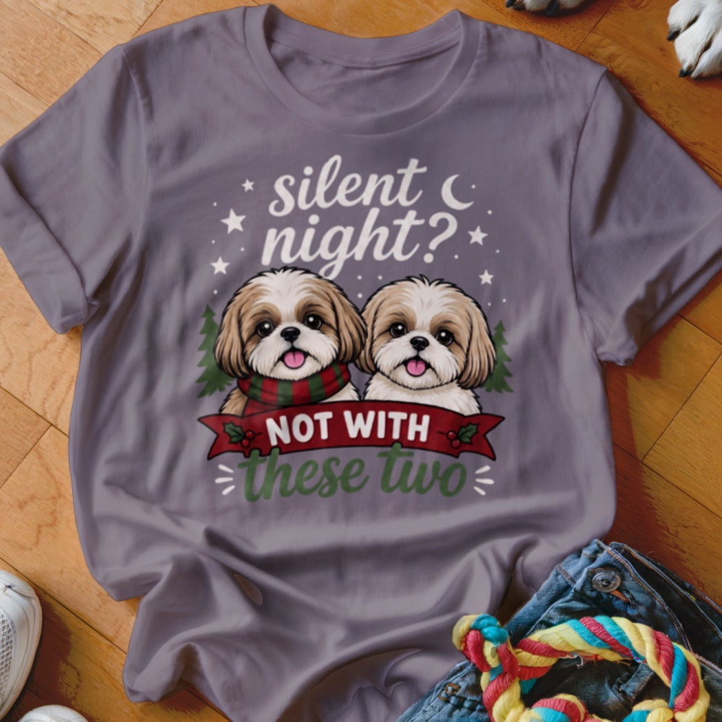 Purple t-shirt with two Shih Tzus and text "silent night? NOT WITH these two".