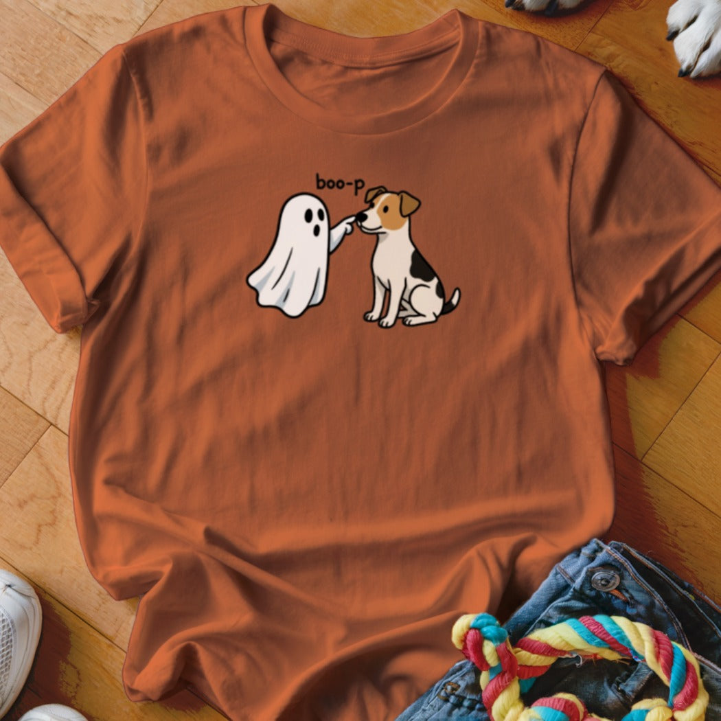 Ghost booping dog with text "boo-p" on orange t-shirt.