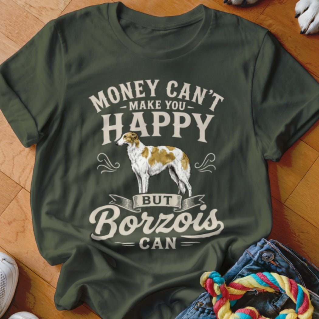 Green t-shirt with text "Money Can't Make You Happy But Borzois Can" and dog illustration.