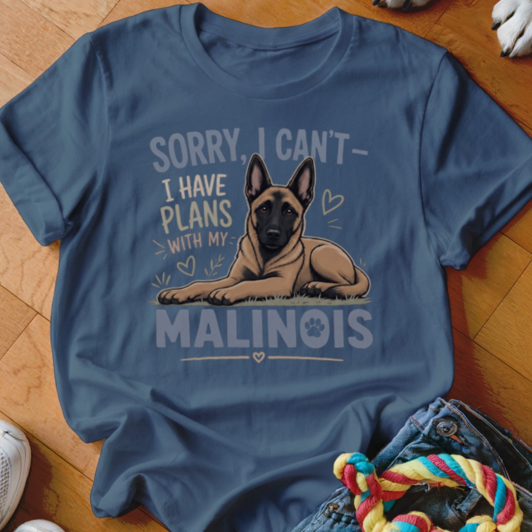 Blue t-shirt with Malinois dog illustration and text saying "Sorry, I Can't - I Have Plans With My Malinois".