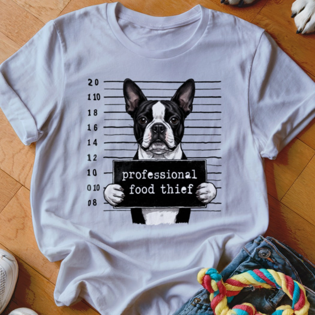 Boston Terrier mugshot graphic with text "professional food thief."