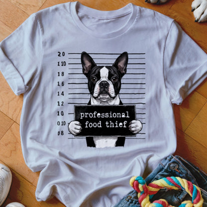 Boston Terrier mugshot graphic with text "professional food thief."