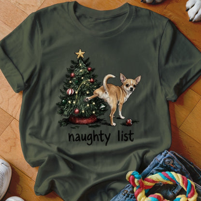 Chihuahua peeing on Christmas tree with "naughty list" text.