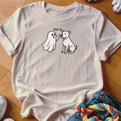 Light cream t-shirt with a ghost booping a sitting dog, text says "boo-p".