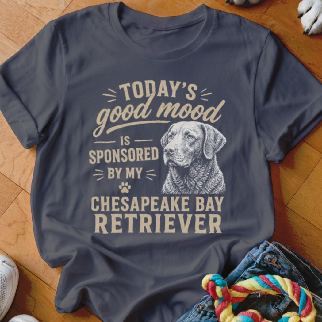 T-shirt with "Today's good mood is sponsored by my Chesapeake Bay Retriever" and dog illustration.
