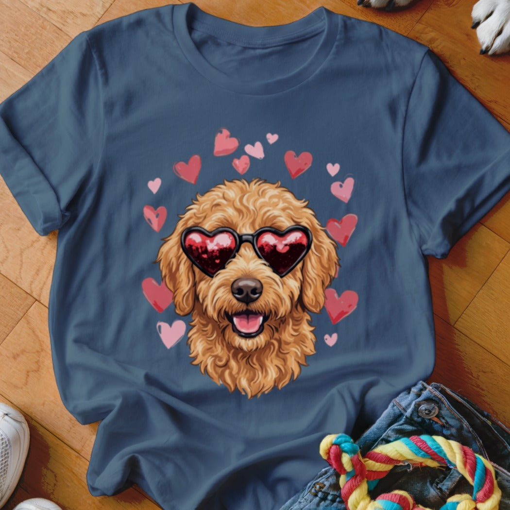 A blue t-shirt printed with a fluffy golden dog wearing heart-shaped sunglasses, surrounded by pink hearts.
