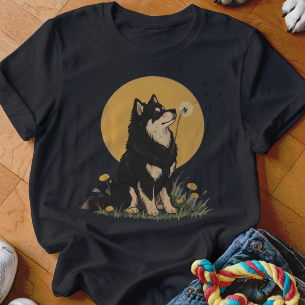 Black t-shirt featuring a graphic of a dog blowing on a dandelion against a yellow moon.