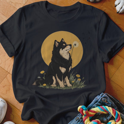 Black t-shirt featuring a graphic of a dog blowing on a dandelion against a yellow moon.