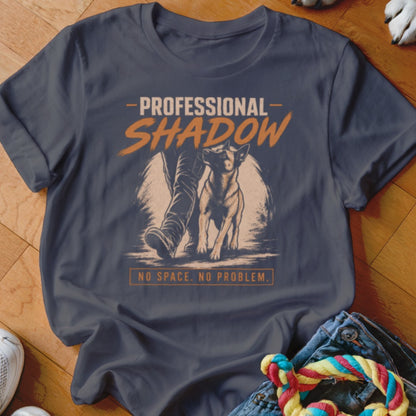 Dark grey t-shirt with "PROFESSIONAL SHADOW" text and a dog and person graphic.