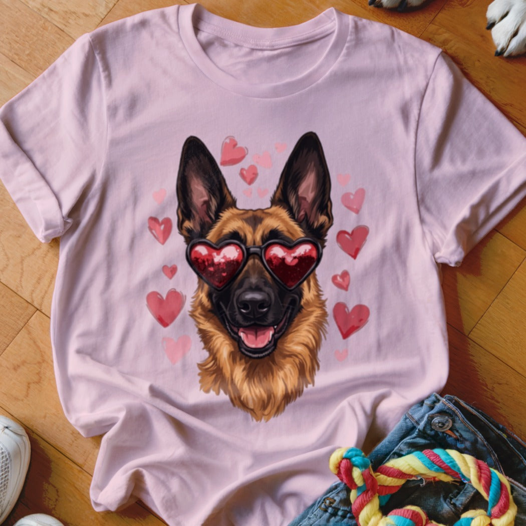 A pink crewneck t-shirt featuring a graphic of a German Shepherd wearing heart-shaped sunglasses surrounded by pink hearts.