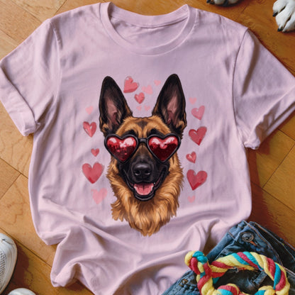A pink crewneck t-shirt featuring a graphic of a German Shepherd wearing heart-shaped sunglasses surrounded by pink hearts.
