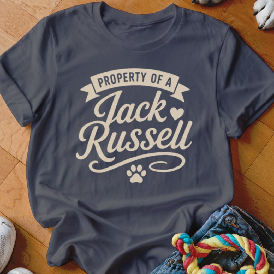 Dark blue t-shirt with "Property of a Jack Russell" text and paw print.