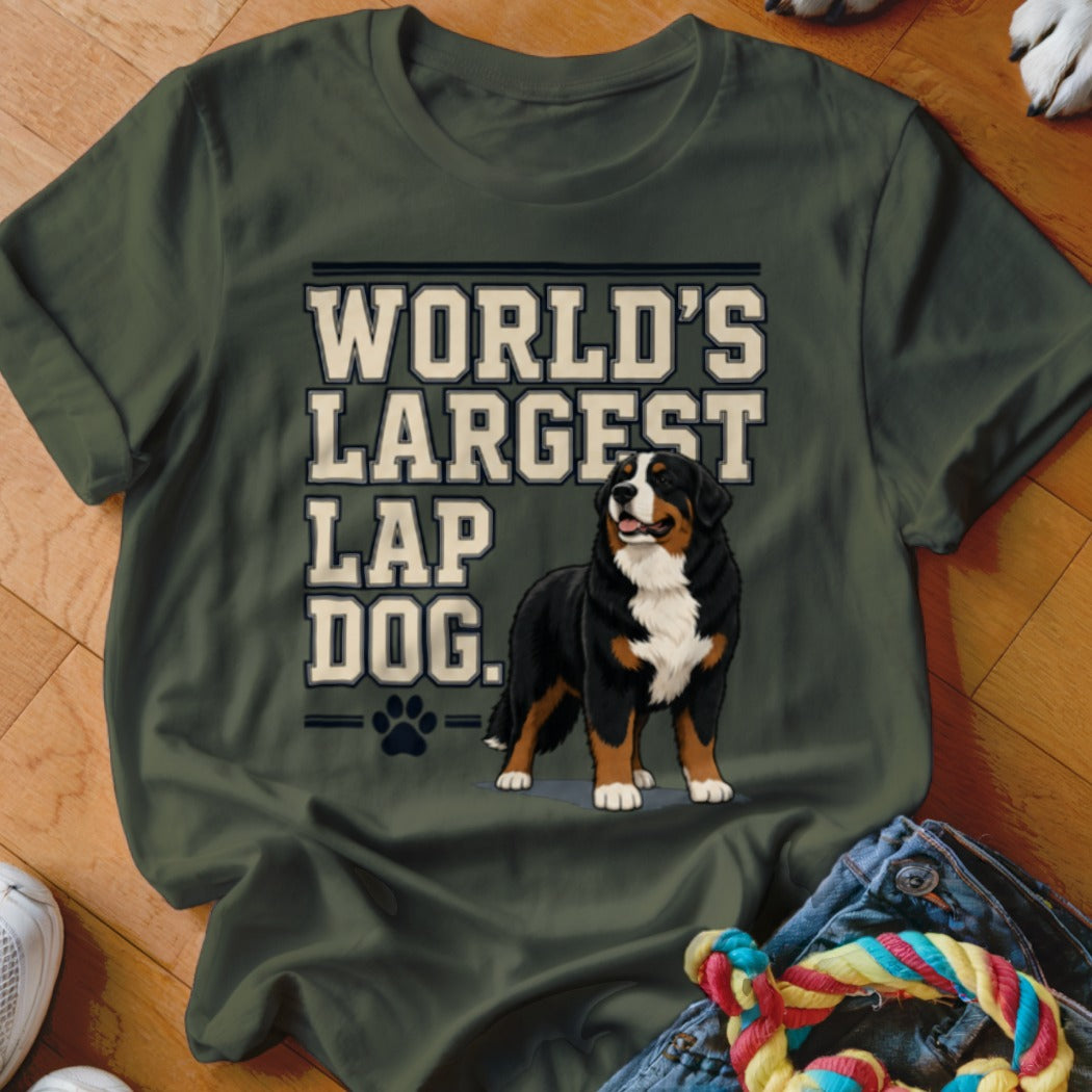 Bernese Mountain Dog with "World's Largest Lap Dog" text.