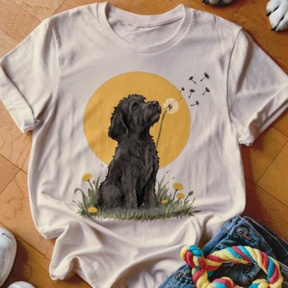 Beige t-shirt featuring a graphic of a black poodle blowing dandelion seeds against a yellow sun.
