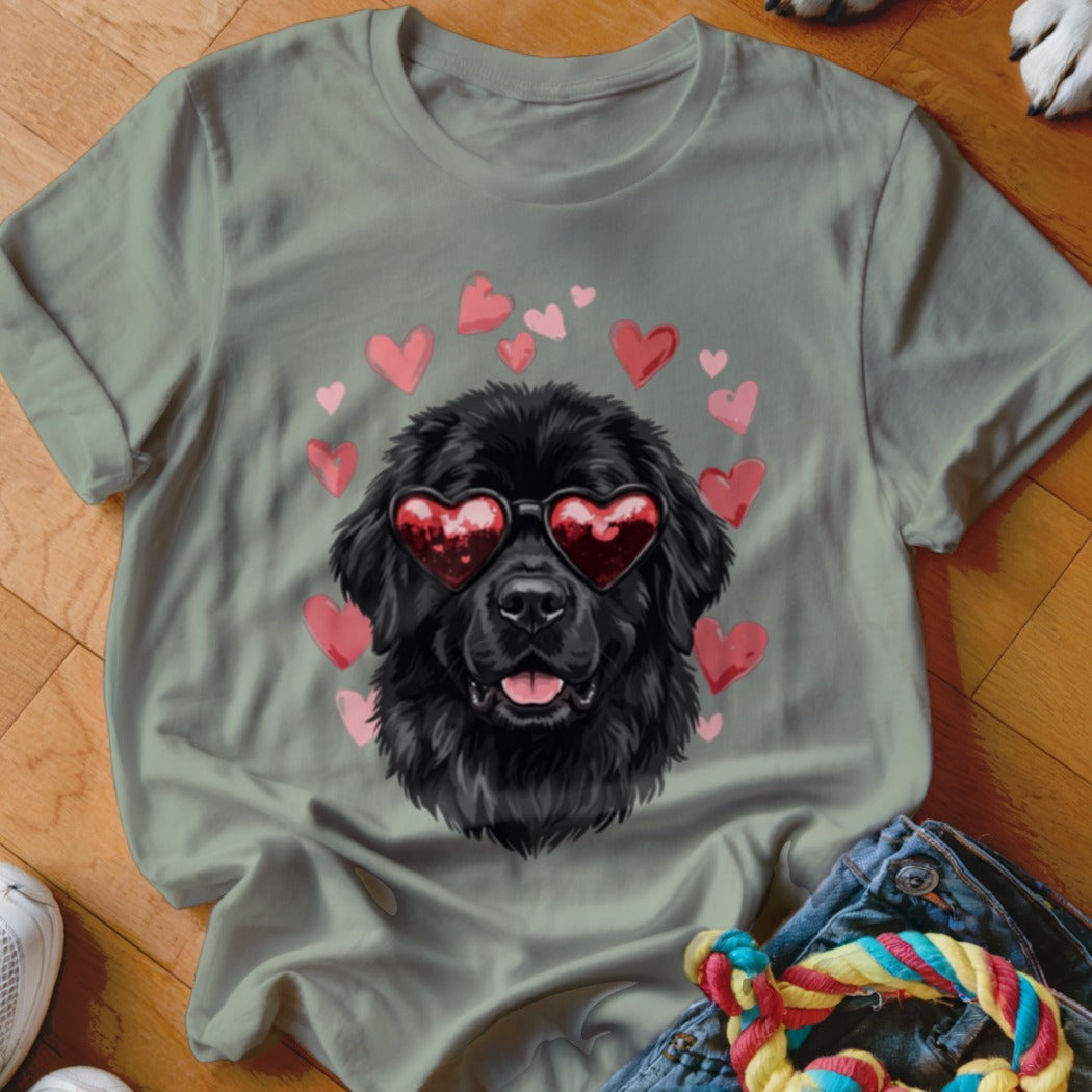 A sage green t-shirt featuring a graphic of a black dog wearing heart-shaped sunglasses surrounded by pink hearts.