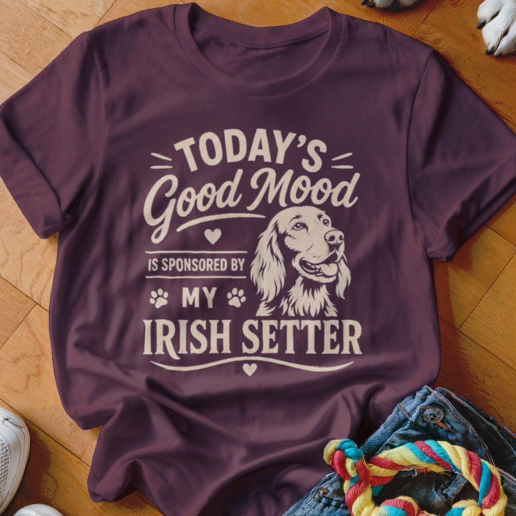 T-shirt with "Today's Good Mood is Sponsored by My Irish Setter" text and dog illustration.