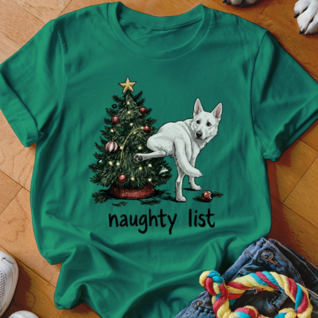 White dog with paw on Christmas tree, "naughty list" text.