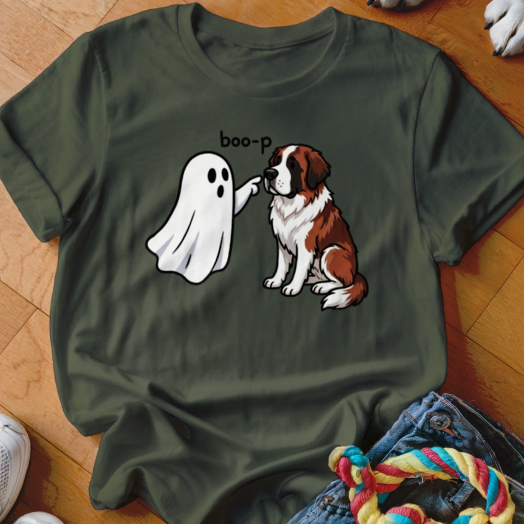 Cartoon ghost boops a Saint Bernard dog with the word "boo-p" above.