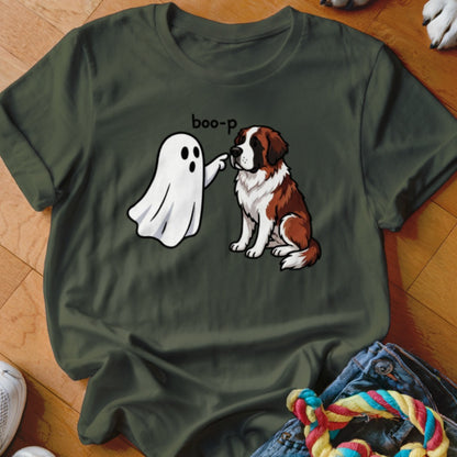 Cartoon ghost boops a Saint Bernard dog with the word "boo-p" above.
