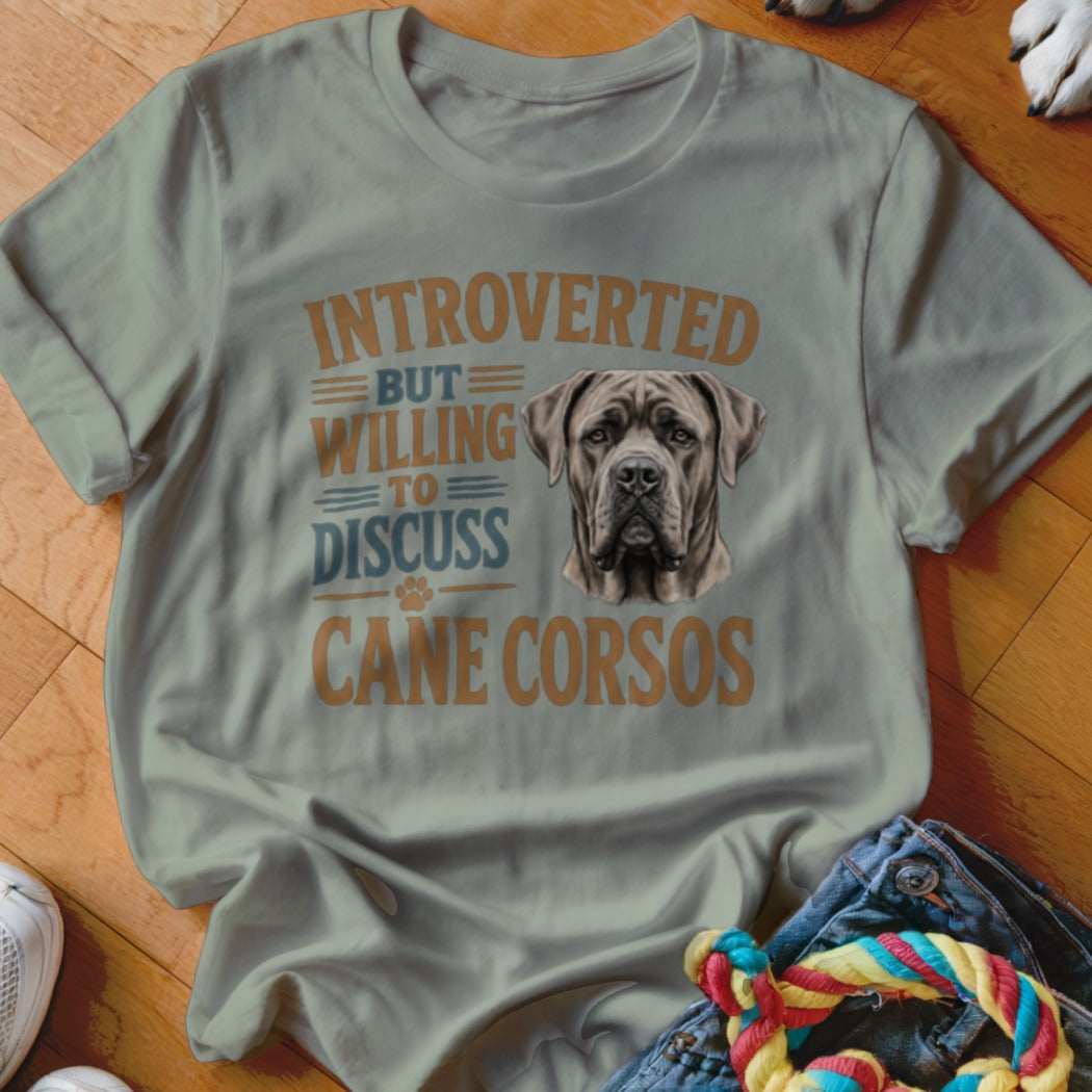 T-shirt with "Introverted but willing to discuss Cane Corsos" and a dog portrait.
