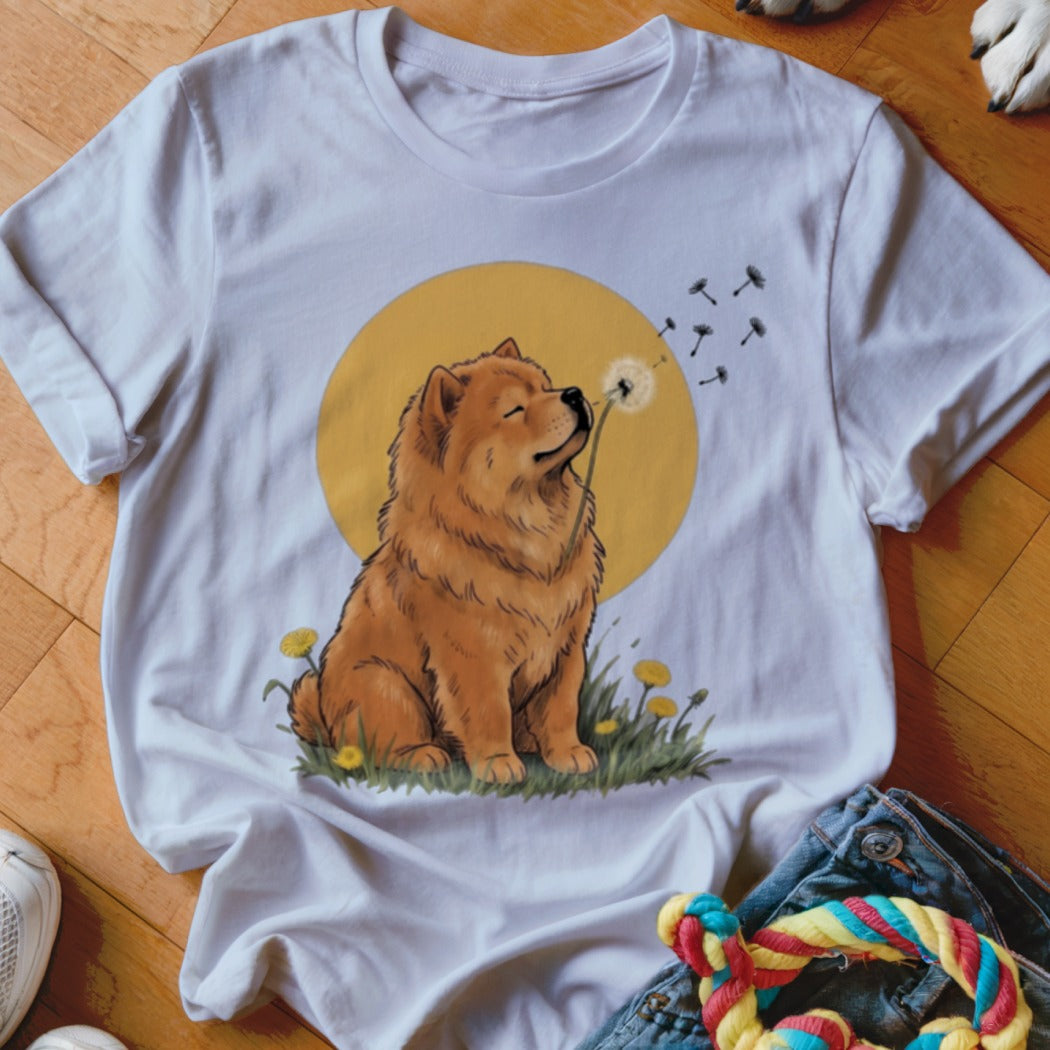 White crewneck t-shirt featuring an illustration of a fluffy brown dog blowing dandelion seeds.