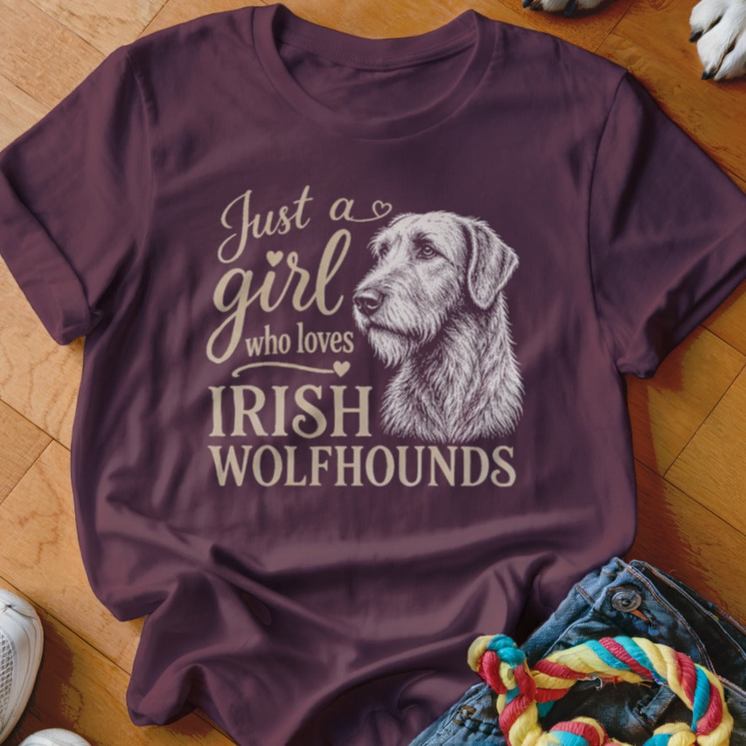 Maroon t-shirt with dog illustration and text "Just a girl who loves Irish Wolfhounds".