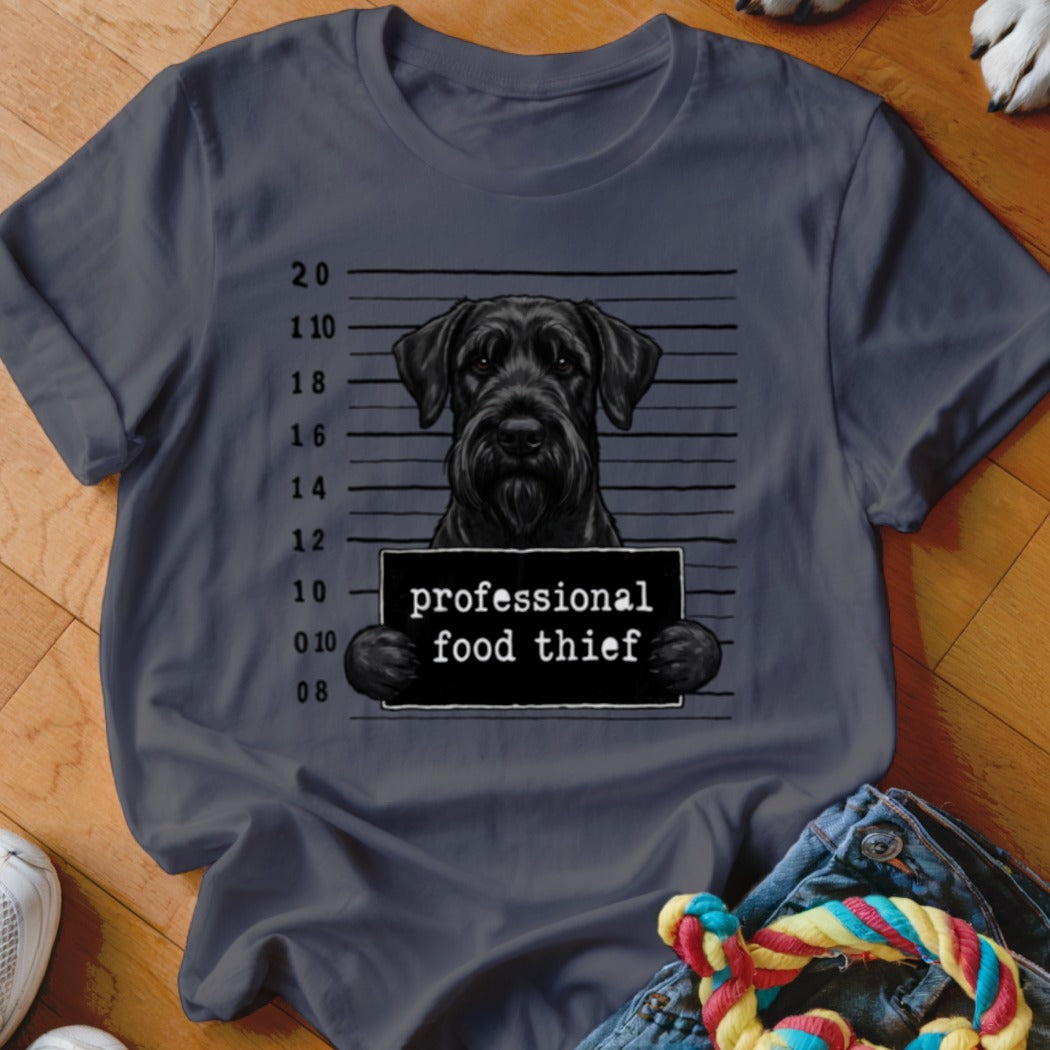 Black schnauzer mugshot graphic with "professional food thief" text.