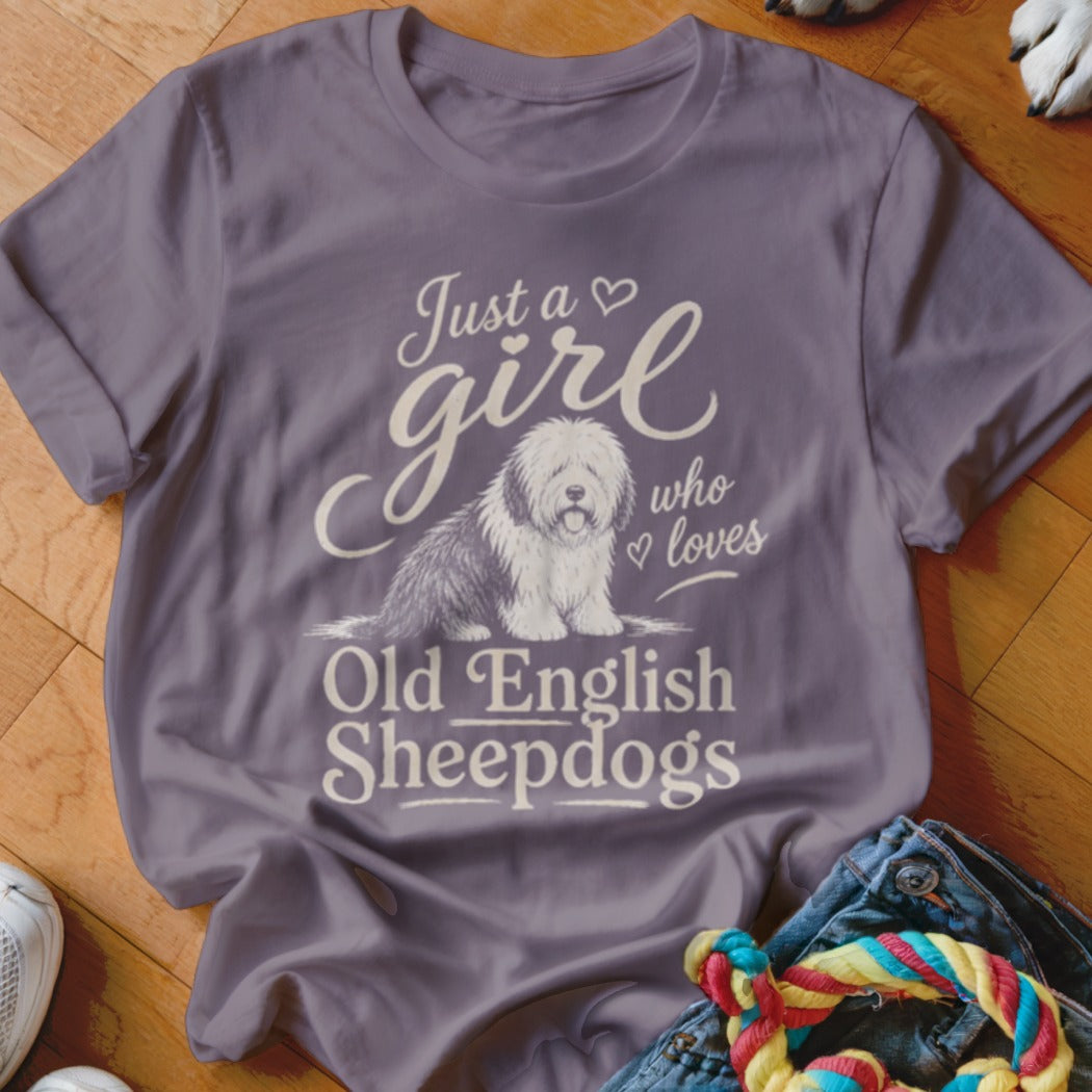 Purple t-shirt with Old English Sheepdog and text "Just a girl who loves Old English Sheepdogs".