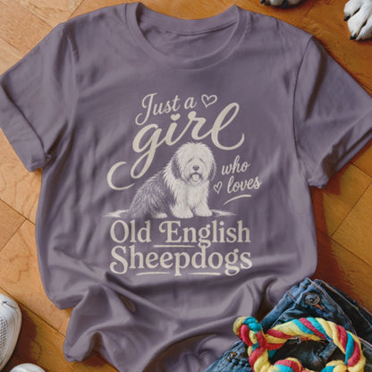 Purple t-shirt with Old English Sheepdog and text "Just a girl who loves Old English Sheepdogs".