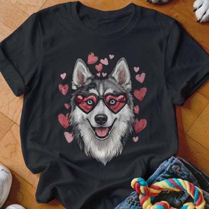 Black t-shirt featuring a graphic of a husky wearing heart-shaped sunglasses surrounded by pink hearts.