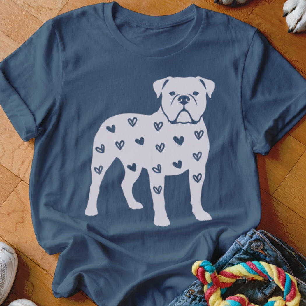 White bulldog silhouette filled with small black hearts on a navy t-shirt.