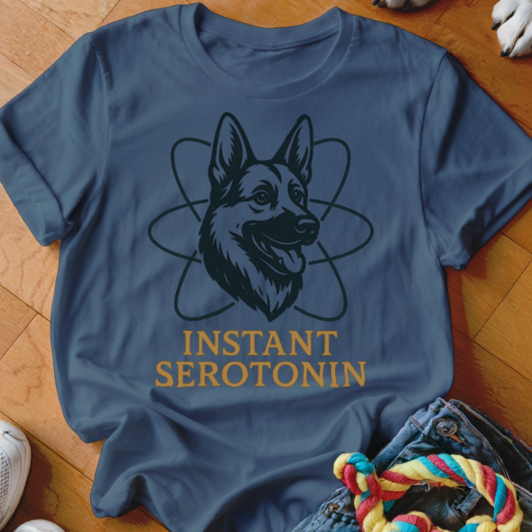 German Shepherd head with atomic symbol above text "INSTANT SEROTONIN"