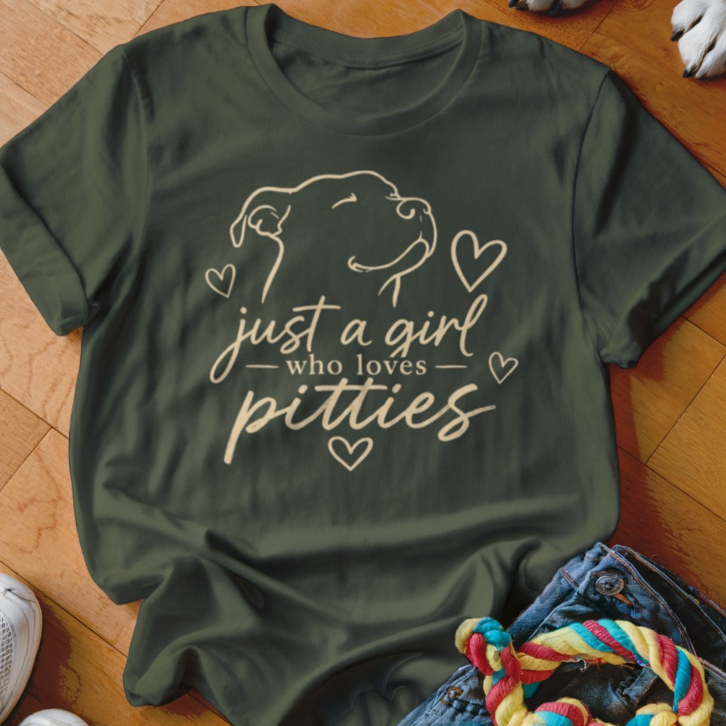 Olive green t-shirt with a pit bull outline and text: "just a girl who loves pitties".