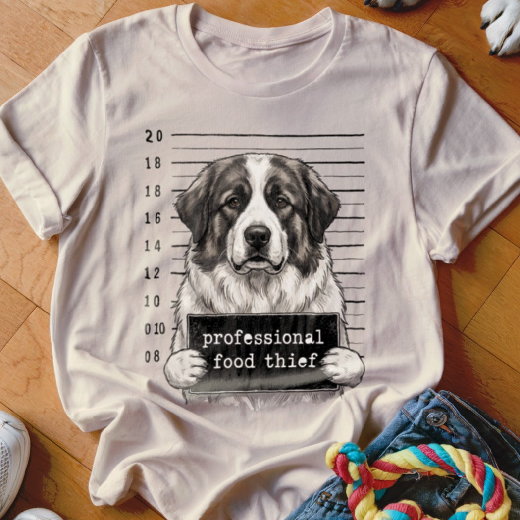 T-shirt graphic of a dog in a mugshot holding a sign that says "professional food thief".