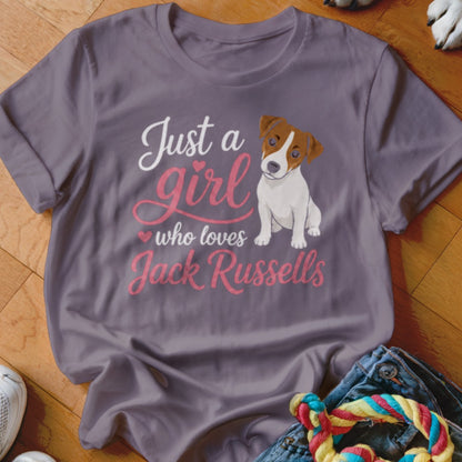 T-shirt with "Just a girl who loves Jack Russells" text and dog illustration.