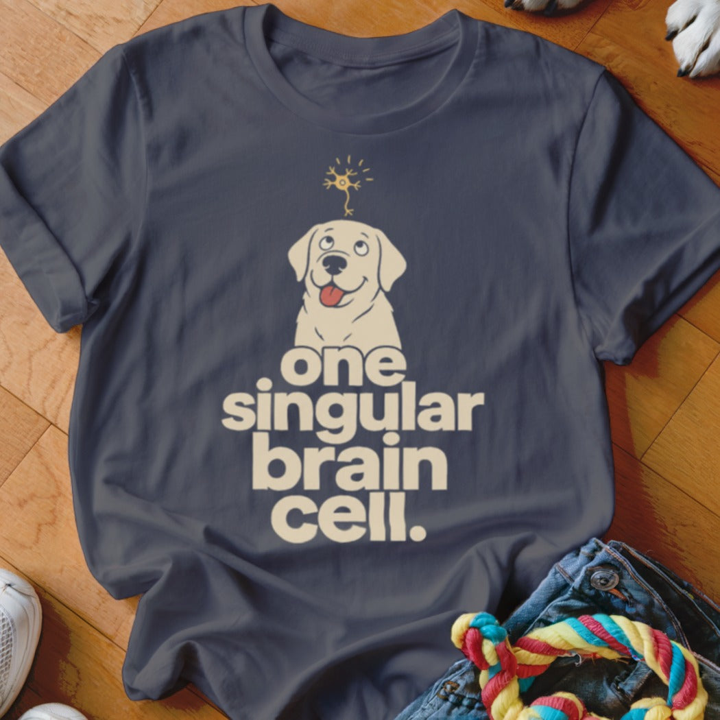 Dark gray t-shirt with a dog and text "one singular brain cell."