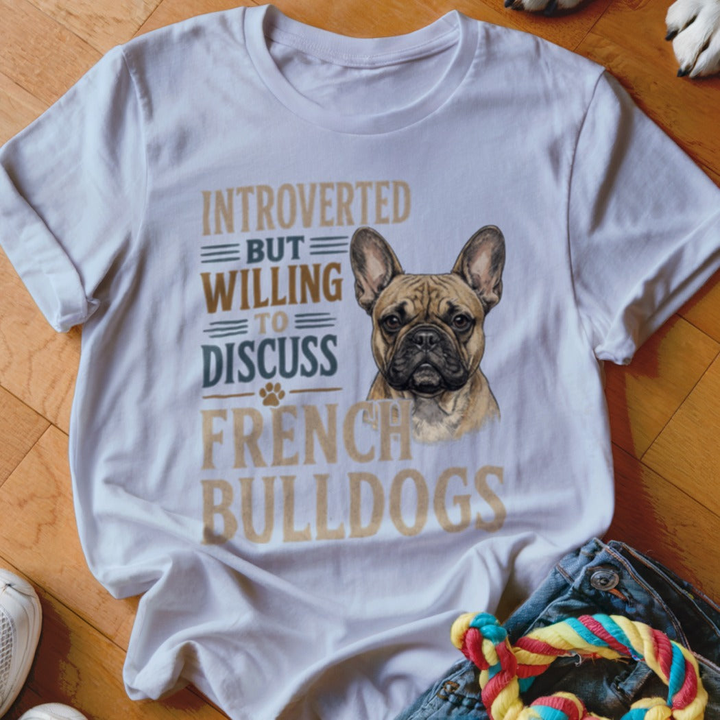 White t-shirt with French bulldog illustration and text "Introverted But Willing to Discuss French Bulldogs".