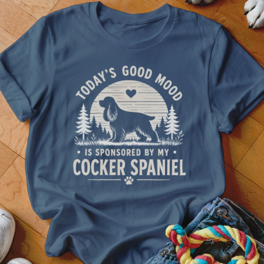 Blue t-shirt with text "Today's Good Mood is Sponsored by My Cocker Spaniel" and dog graphic.