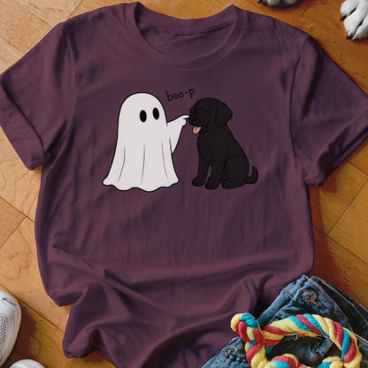 White ghost booping a black dog's nose with text "boo-p" on a purple shirt.