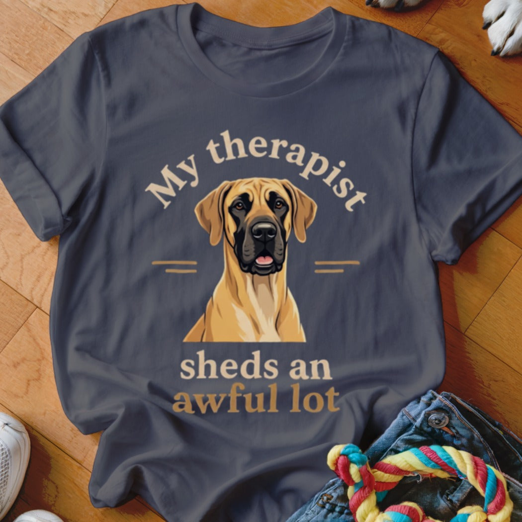 Great Dane graphic on t-shirt reads "My therapist sheds an awful lot."